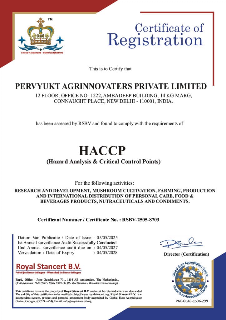 HACCP certificate of registration issued to Pervyukt Agrinnovaters Private Limited by Royal Stancert B.V., certificate number RSBV-2505-8703