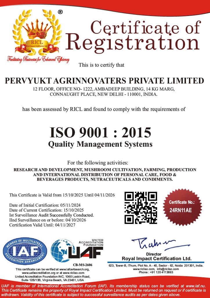 ISO 9001:2015 certificate of registration issued to Pervyukt Agrinnovaters Private Limited by Royal Impact Certification Ltd., certificate number 24RN11AE